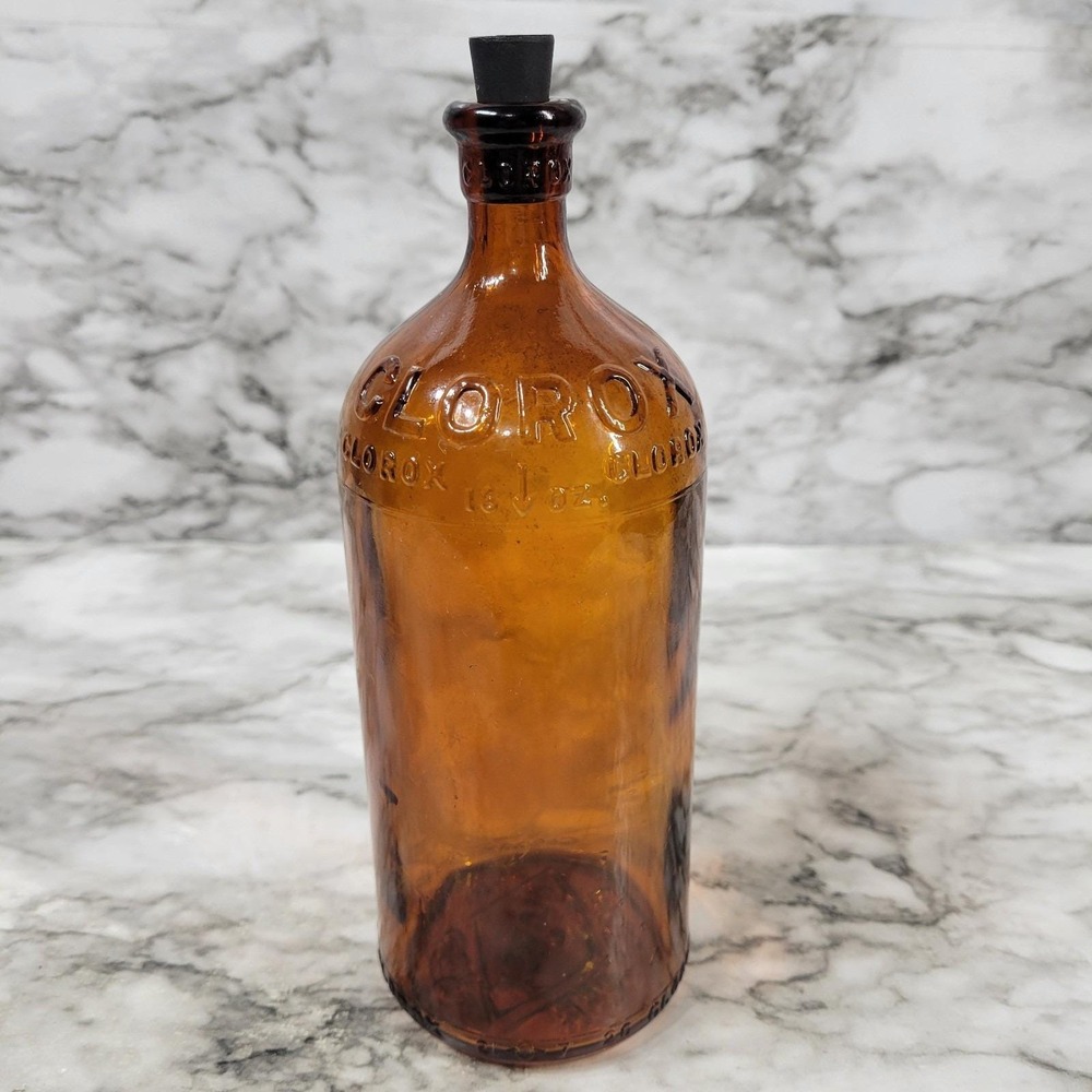 Vintage Amber Brown Glass Clorox Bottle Textured Embossed 16oz 8" Tall READ